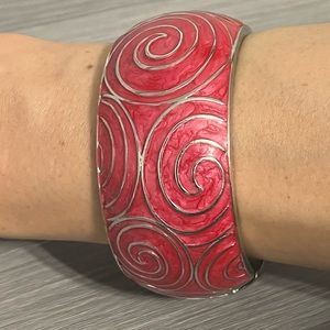 Silver and Pink Enamel Hinged Bangle Bracelet with Swirl Design